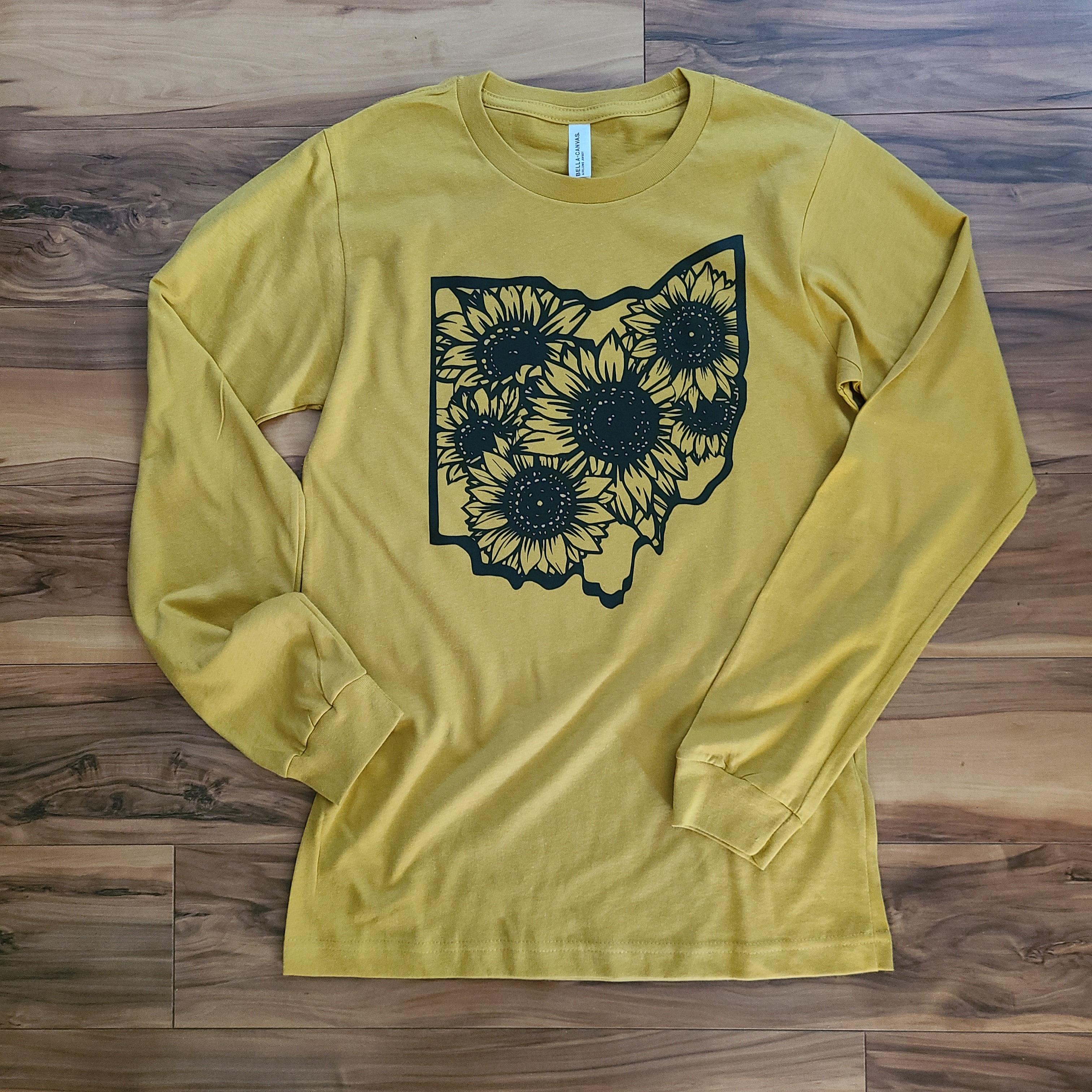 Ohio Sunflowers T Shirt Long Sleeve - Heather Mustard - Bella Canvas