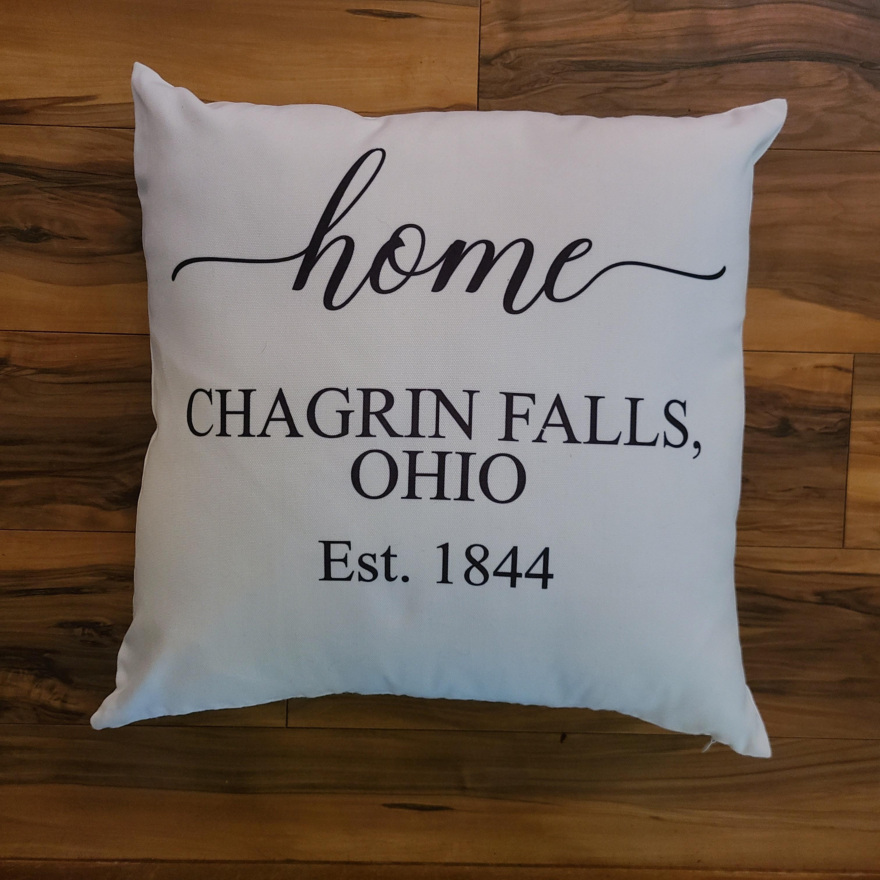 chagrin falls ohio pillow white fabric black lettering  est, 1844
